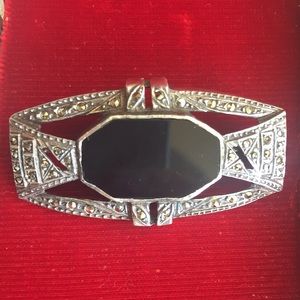 Onyx and marcasite sterling broach